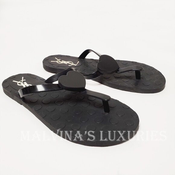 YVES SAINT LAURENT SHOES BLACK RUBBER FLIP FLOPS THONG w HEART sz 38 / US 8 - Picture 2 of 11